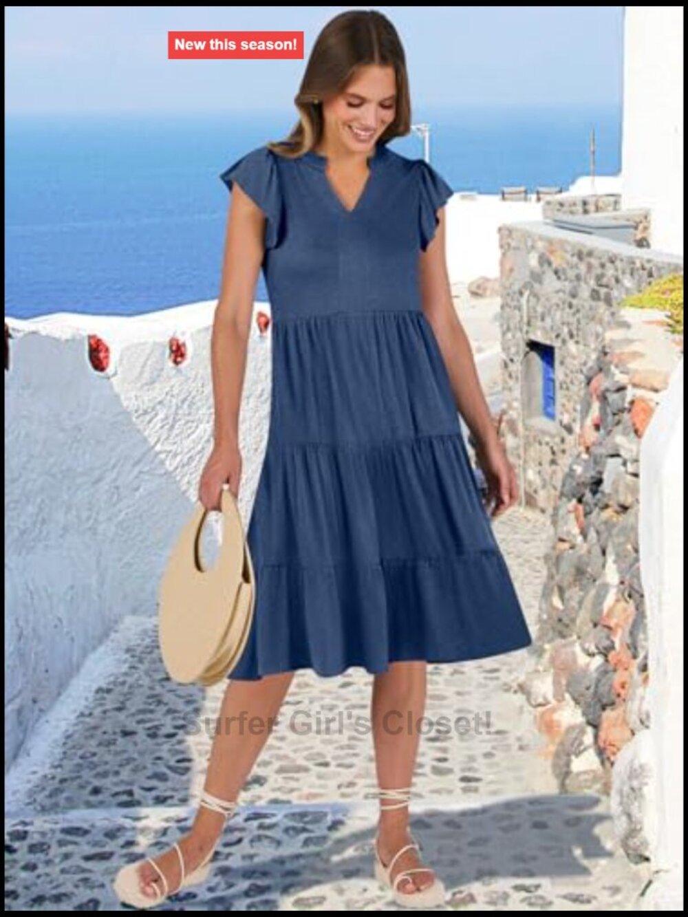 V Neck Ruffle Sleeve Tiered Midi Dress Flowy Summer Boho Beach - Picture 5 of 7